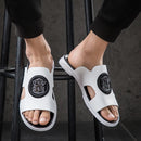 Chinelos de couro genuíno ao ar livre dos homens deslizamento em sandálias de couro casuais verão respirável à prova dwaterproof água meio arrasto confortável praia sapato preguiçoso