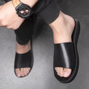 Chinelos de couro masculino para praia, corrediças masculinas, corrediças peep toe, pretas, marrons, verão, novas, adolescentes, adultos, moda americana