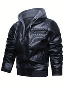 Jaqueta Masculina de Couro com Capuz Lapel