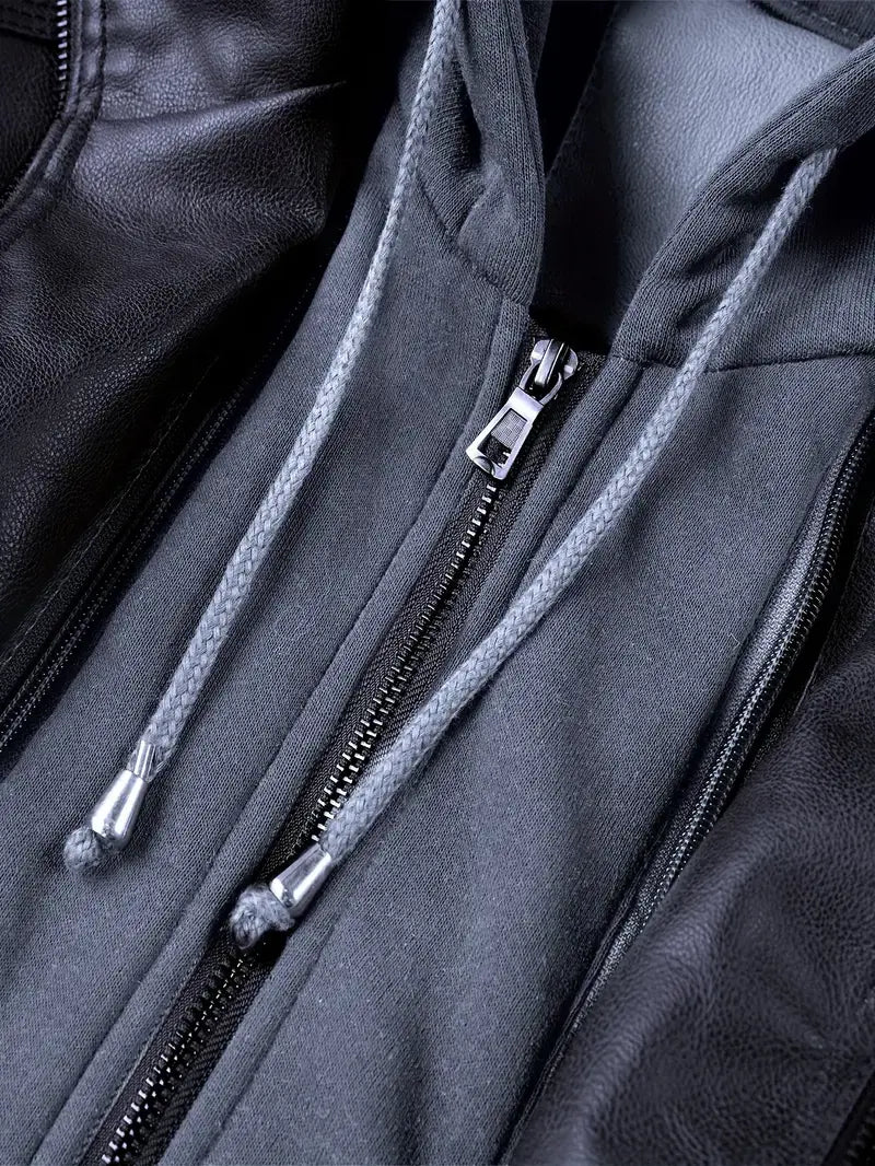 Jaqueta Masculina de Couro com Capuz Lapel