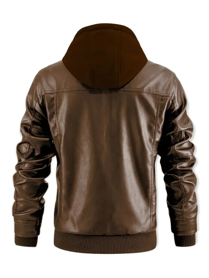 Jaqueta Masculina de Couro com Capuz Lapel