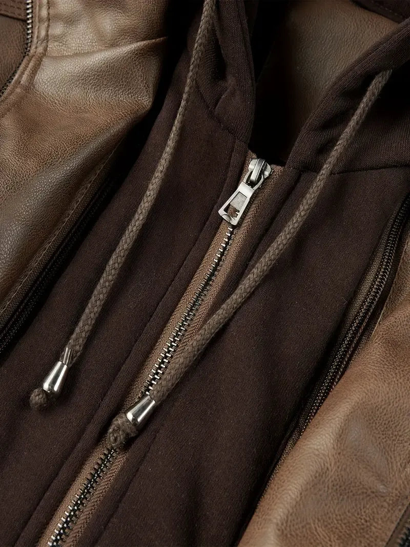 Jaqueta Masculina de Couro com Capuz Lapel