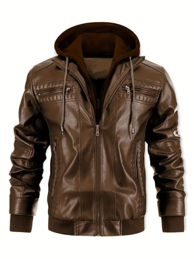 Jaqueta Masculina de Couro com Capuz Lapel