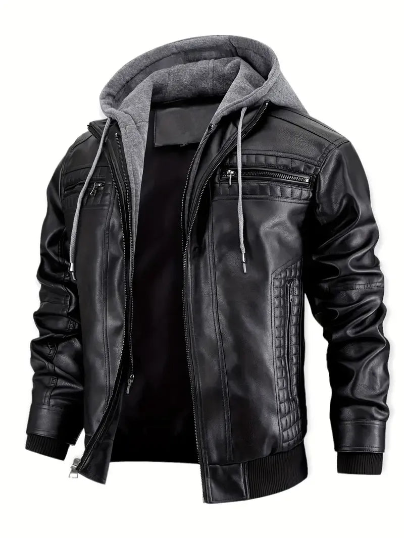 Jaqueta Masculina de Couro com Capuz Lapel