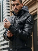 Jaqueta Masculina de Couro com Capuz Lapel