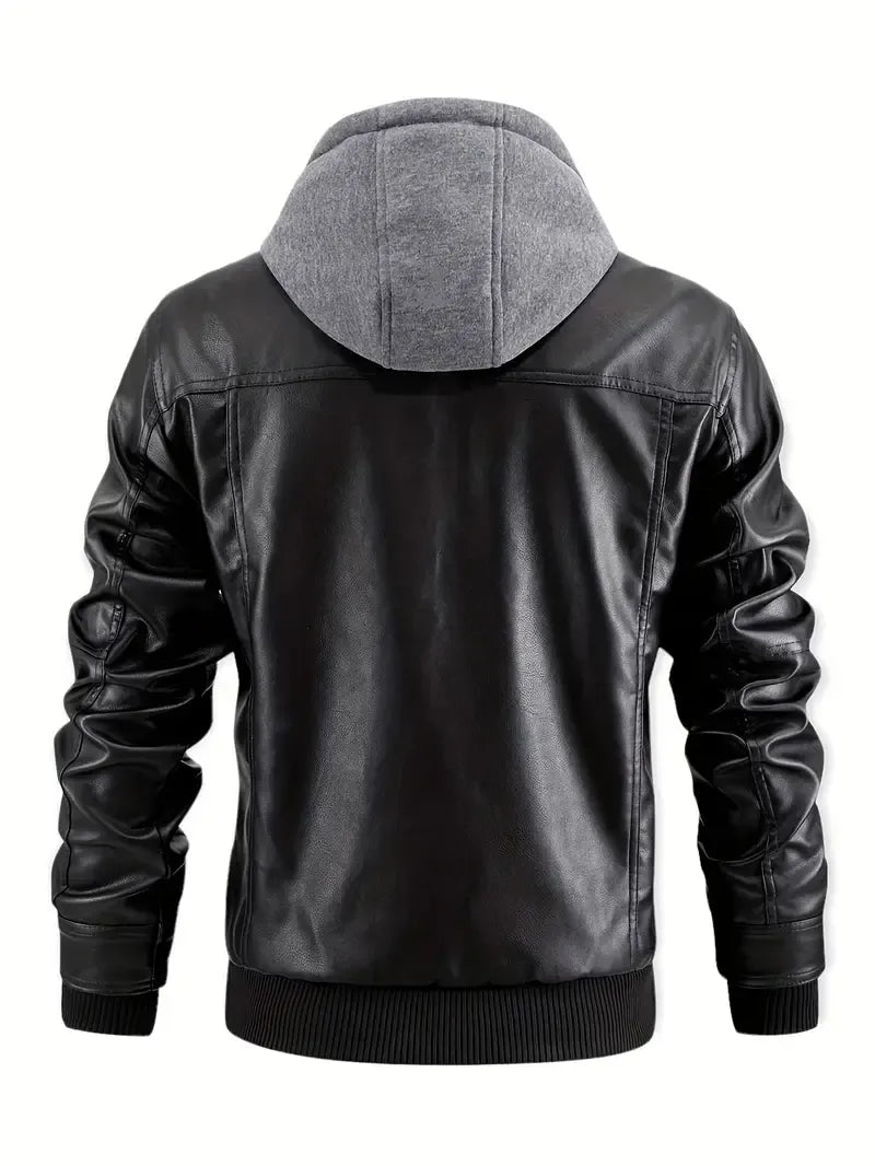 Jaqueta Masculina de Couro com Capuz Lapel