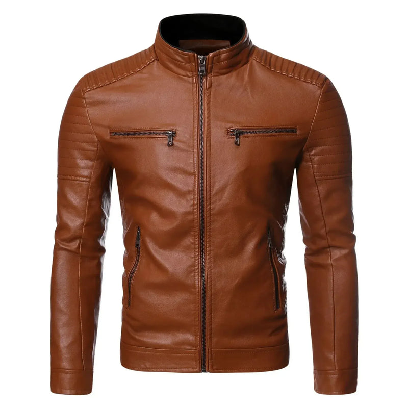 Jaqueta Masculina de Couro Gola Alta Vintage