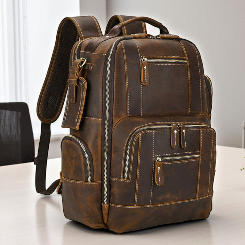 Mochila Masculina em Couro Genuíno Impermeável Americana