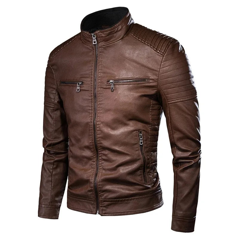 Jaqueta Masculina de Couro Gola Alta Vintage
