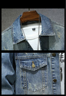 Jaqueta jeans azul de alta qualidade masculina, moda de trabalho com múltiplos bolsos, retrô, nova