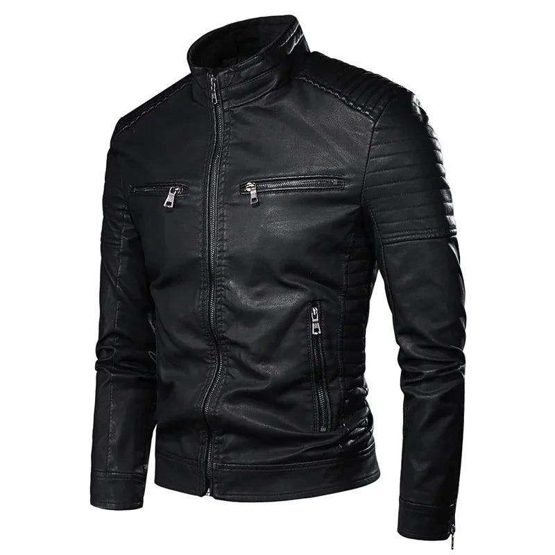 Jaqueta Masculina de Couro Gola Alta Vintage