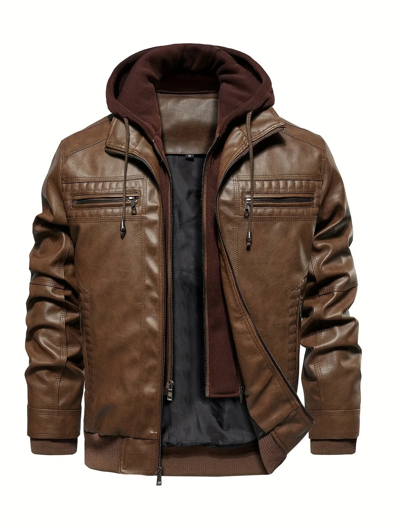 Jaqueta Masculina de Couro com Capuz Lapel